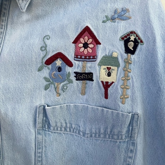 Wons Wear Denim Shirt Button Up Embroidered Birdhouse Theme. Size 2XL - Picture 4 of 8